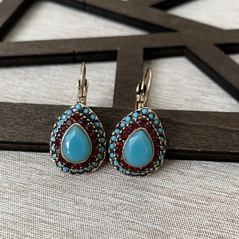 Vintage Teardrop Turquoise & Red Gemstone Earrings with Golden Beaded Frame